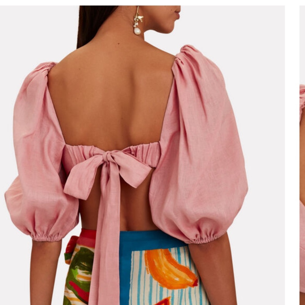 LIKE NEW❤️‍🔥ZIMMERMAN Jeannie Puff-Sleeve Linen light pink  Crop Top